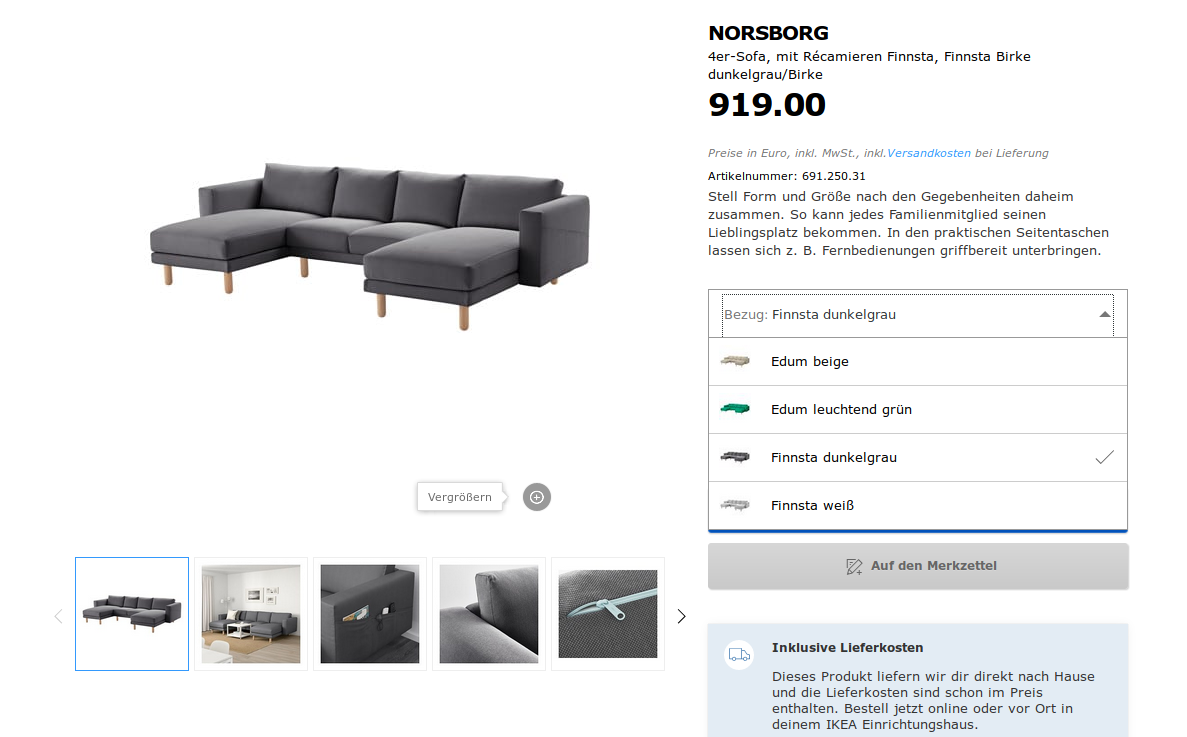 Beispiel f&uuml;r eine Auswahl einfacher Produktvarianten: ein Sofa in 4 Farben.